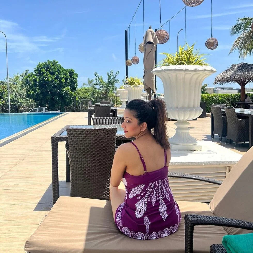 Purple Twist Pleated Flared Tankini Set