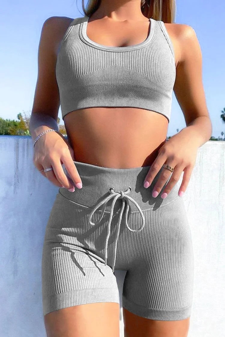 Ribbed Knit Sports Bra and High Waist Shorts Yoga Set