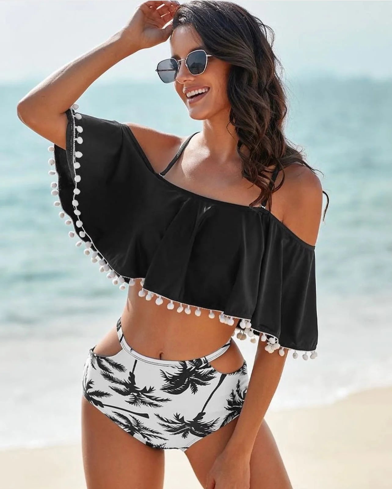 Flounce Tassel Off-Shoulder High Waisted Bikini