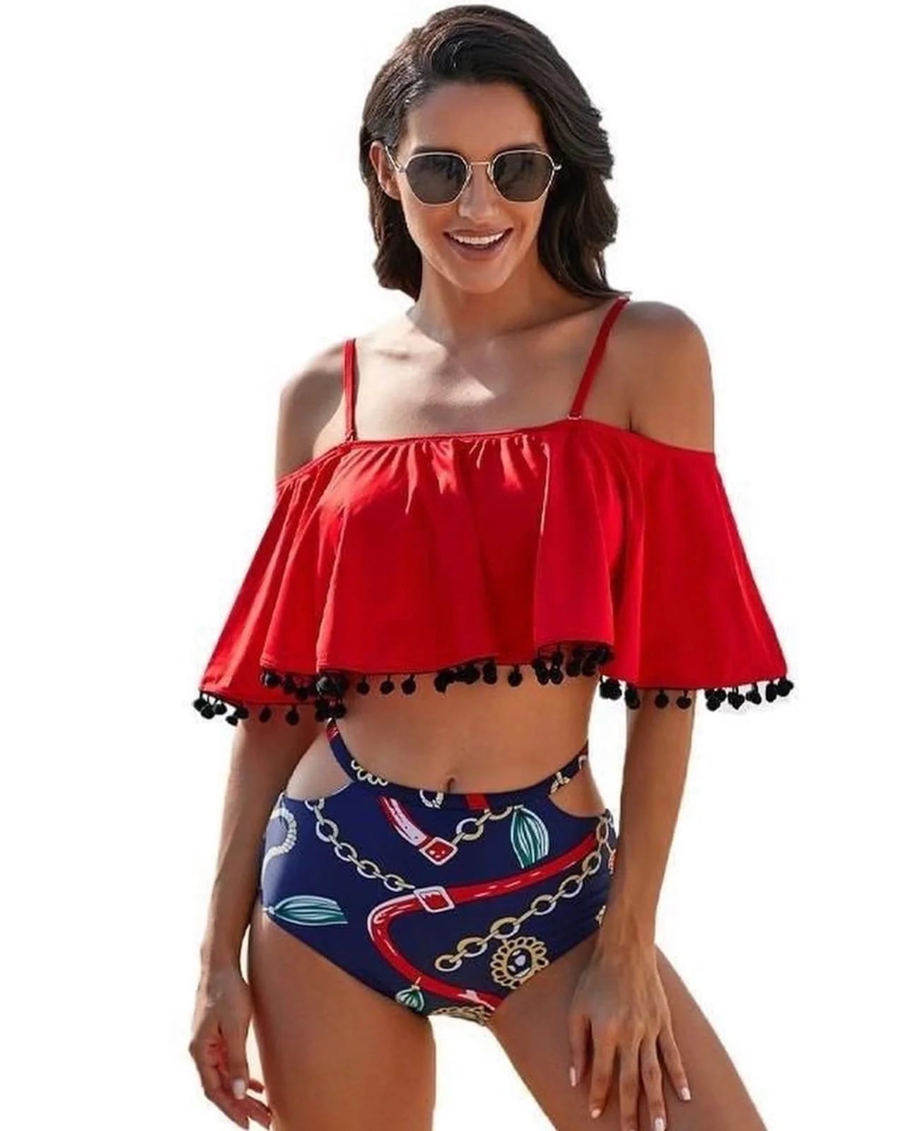 Flounce Tassel Off-Shoulder High Waisted Bikini