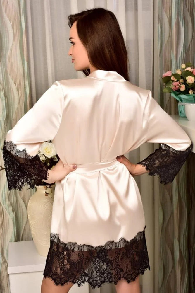 Satin Kimono Robe with Lace Trims