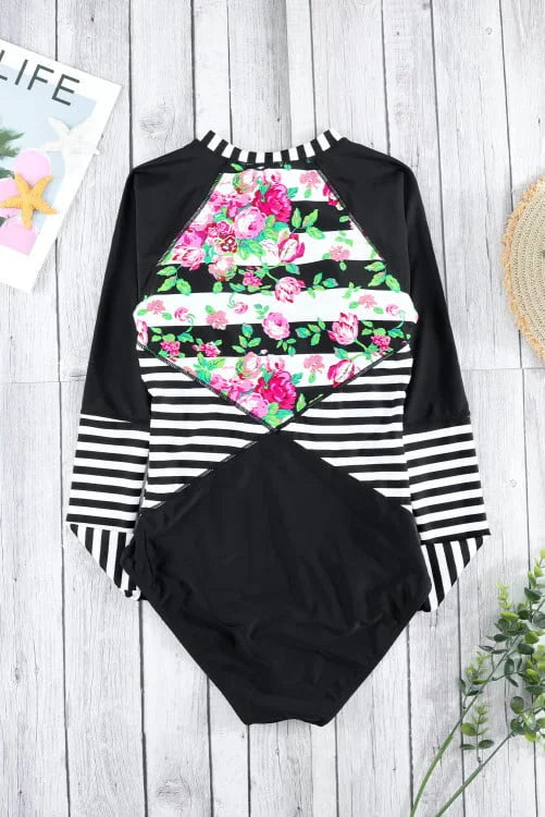 Floral Striped Patchwork Surfing Swimsuit