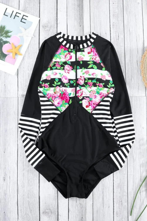 Floral Striped Patchwork Surfing Swimsuit