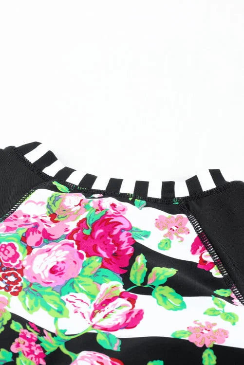 Floral Striped Patchwork Surfing Swimsuit