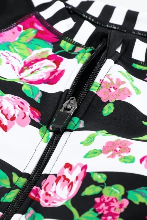 Floral Striped Patchwork Surfing Swimsuit
