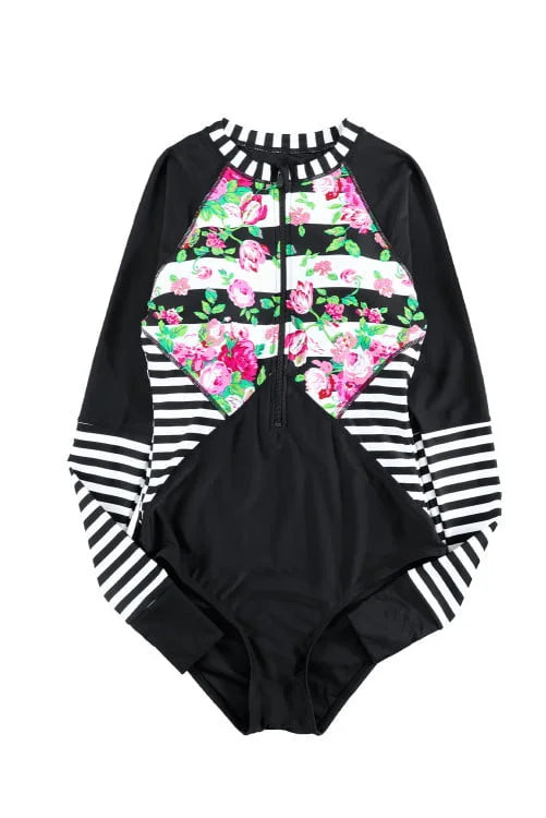 Floral Striped Patchwork Surfing Swimsuit