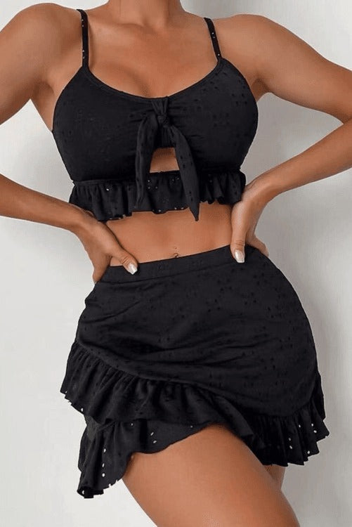 Knotted Ruffle Trim 3 pcs Bikini Set