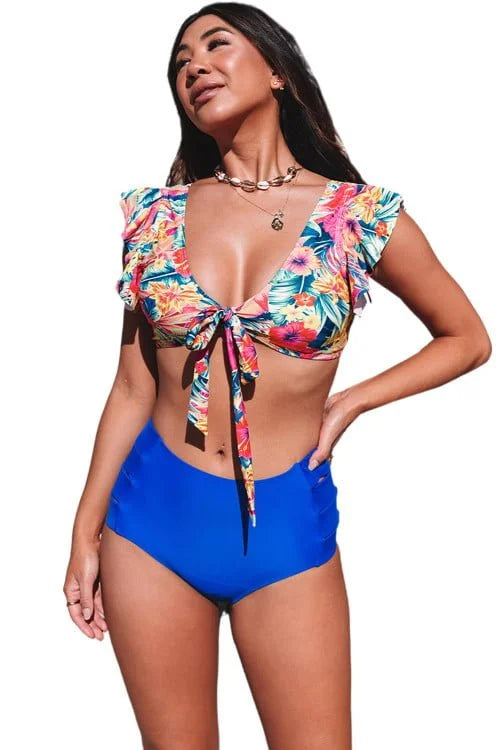 Floral Front Tie High Waist Bikini with Ruffles