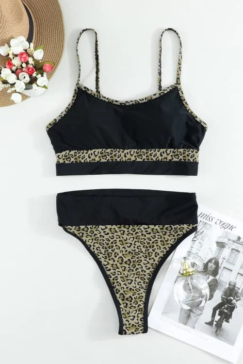 Leopard Color Block Cami High-Waisted Swimsuit