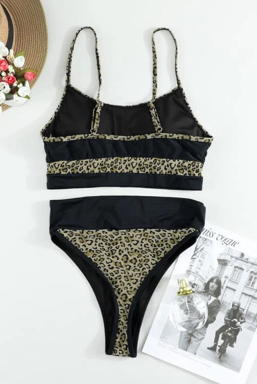 Leopard Color Block Cami High-Waisted Swimsuit