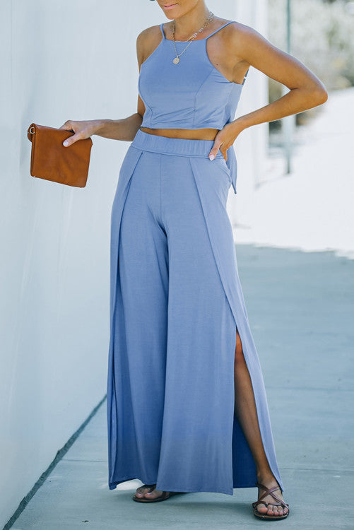 Knotted Top &amp; Split High Waist Pants Coord Set