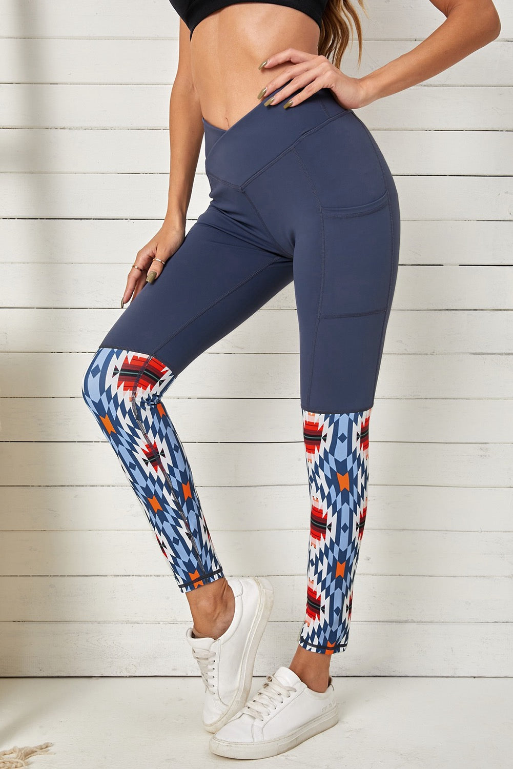 High Waist Leggings with Crossover Patchwork