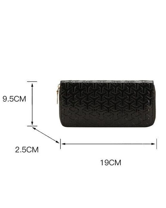 Black clutch bag with dimensions labeled on a white background