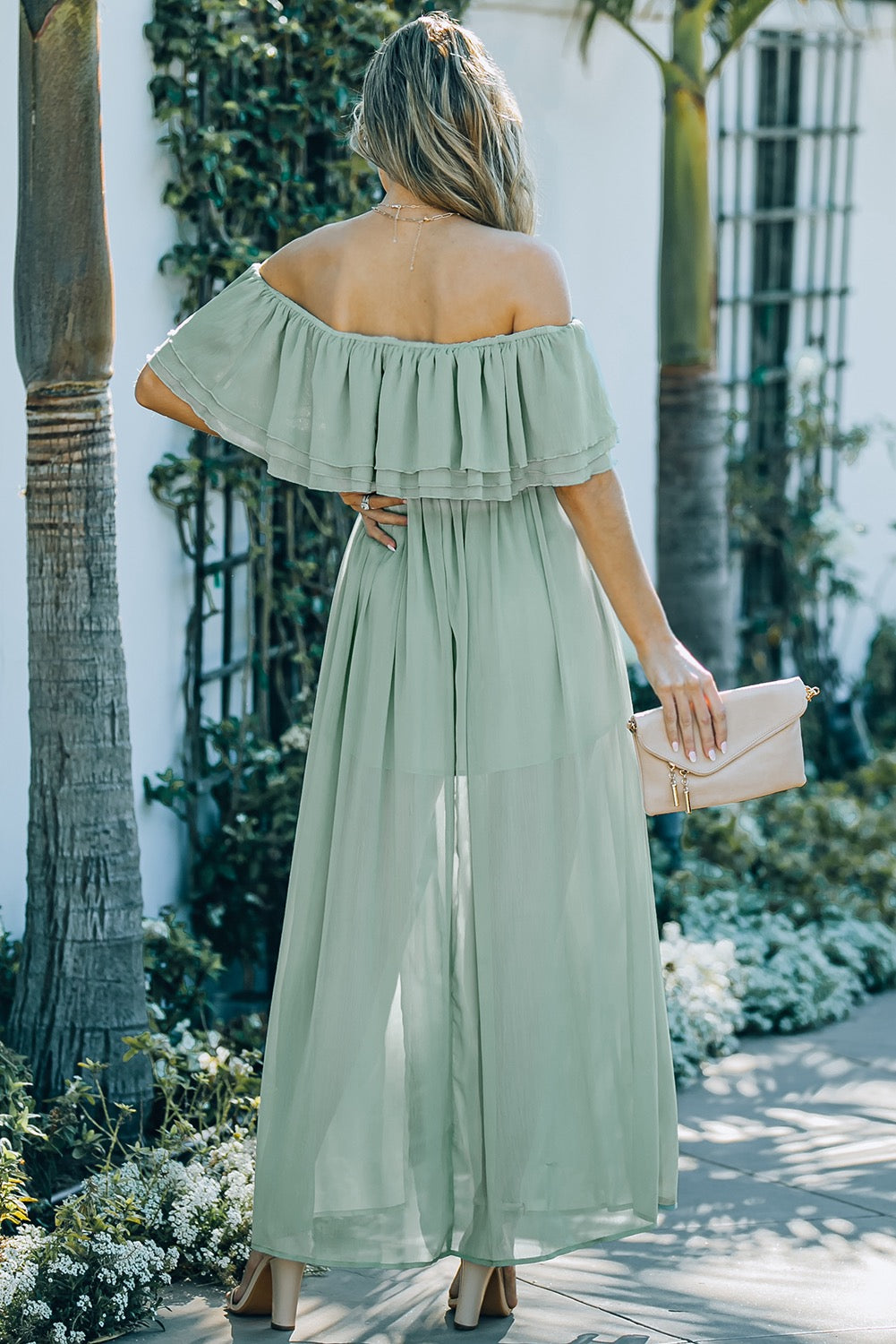 Buy Off Shoulder Split Ruffle Maxi Dress