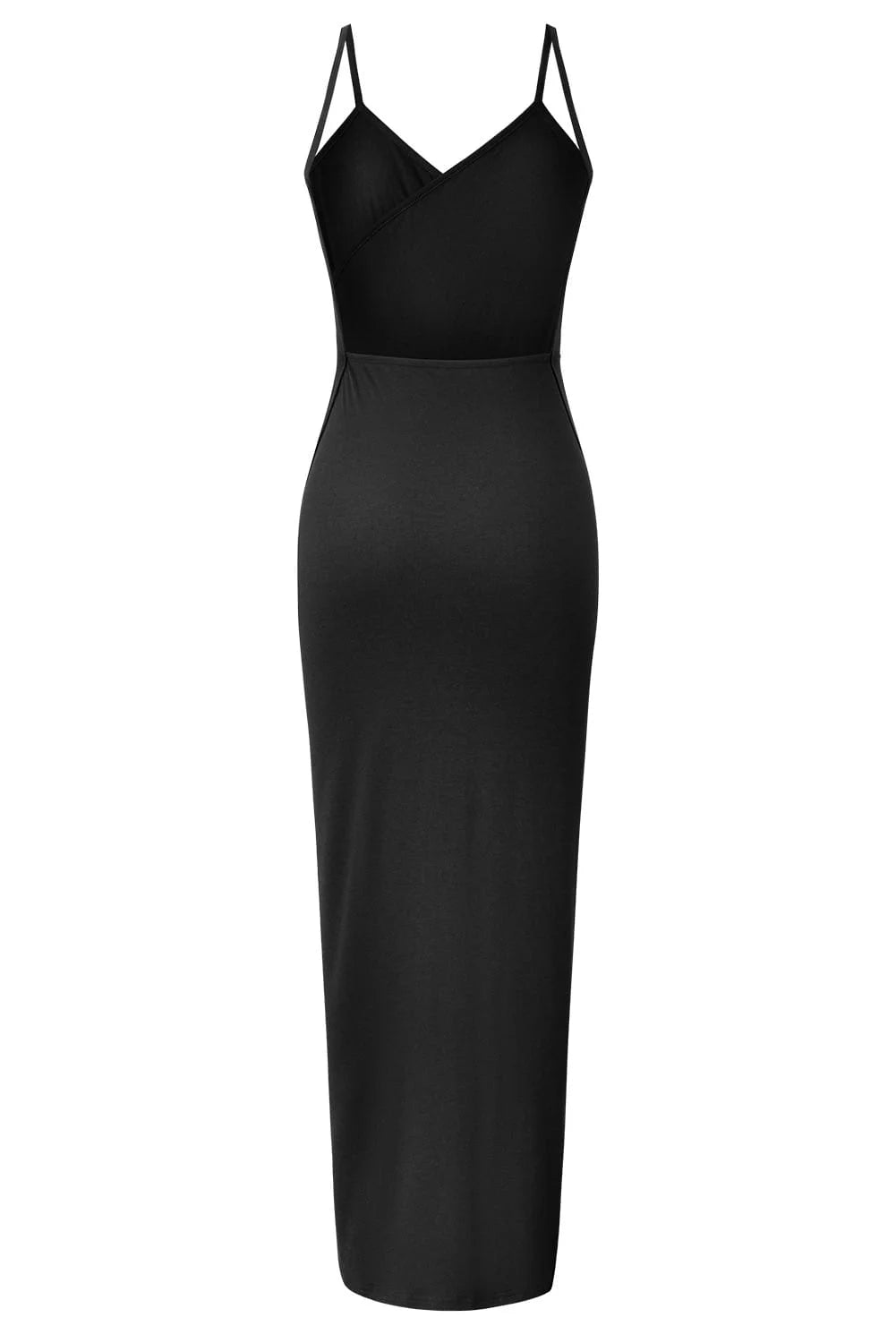 Black evening gown with thin straps on a white background