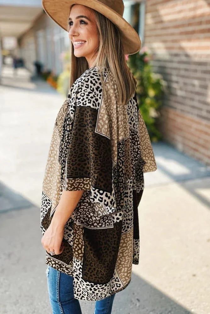 Leopard Colour Block Open Front Kimono