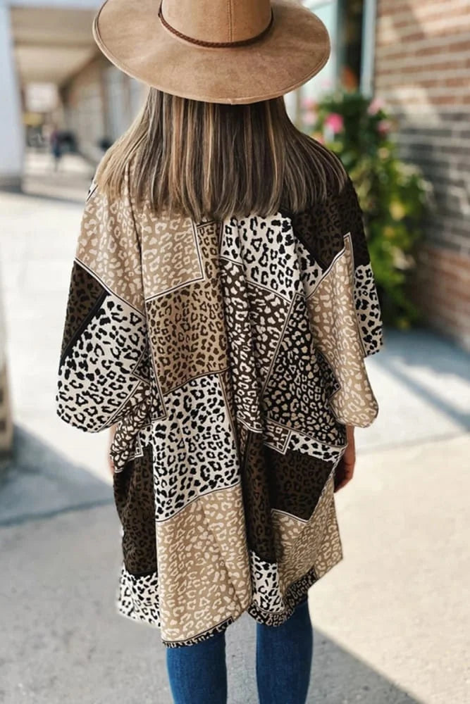 Leopard Colour Block Open Front Kimono