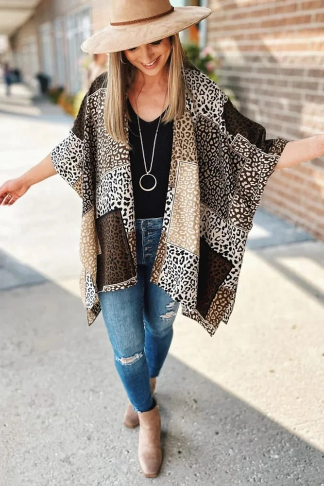 Leopard Colour Block Open Front Kimono