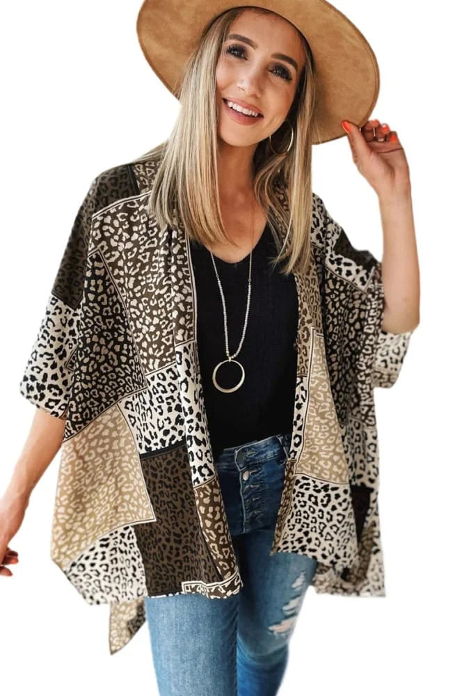 Leopard Colour Block Open Front Kimono