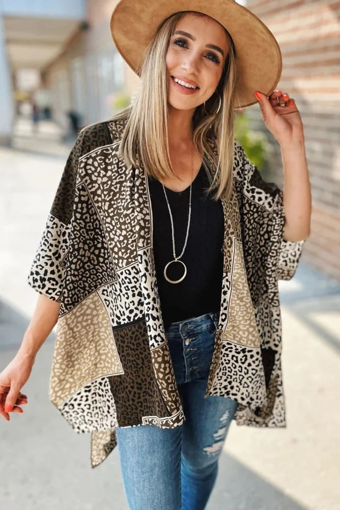 Leopard Colour Block Open Front Kimono