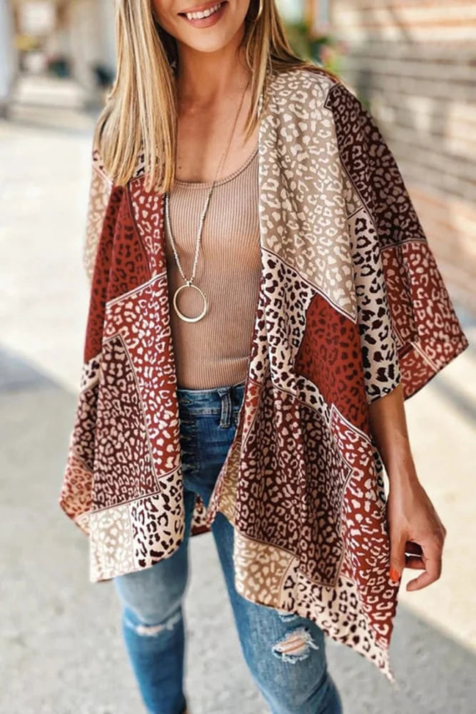 Leopard Colour Block Open Front Kimono