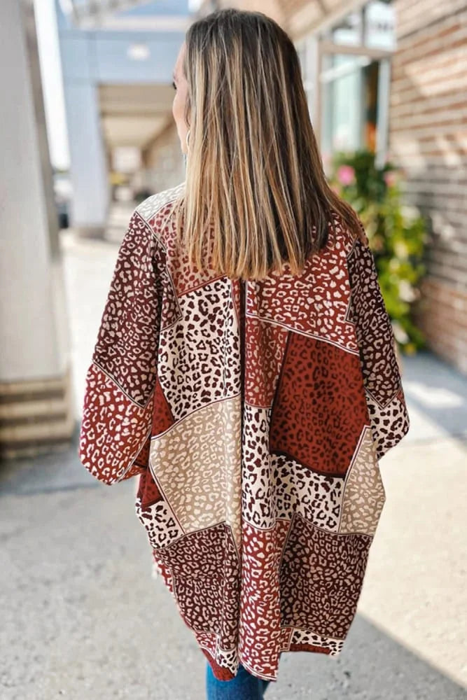 Leopard Colour Block Open Front Kimono