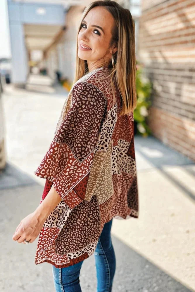 Leopard Colour Block Open Front Kimono