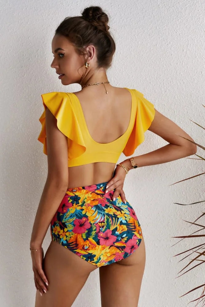 Floral Ruffle Hem High Waist Bikini