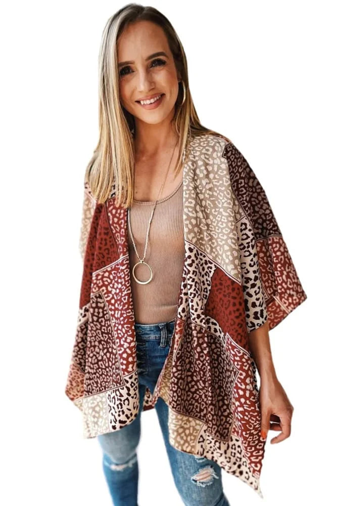 Leopard Colour Block Open Front Kimono