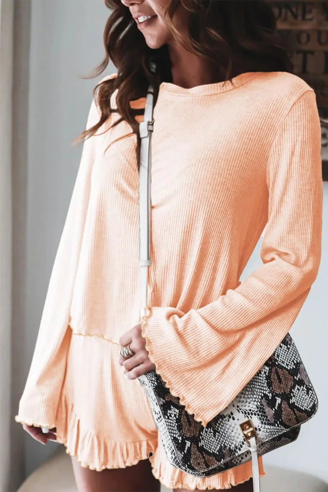 Coral Bell Sleeves Top Ruffle Shorts Set