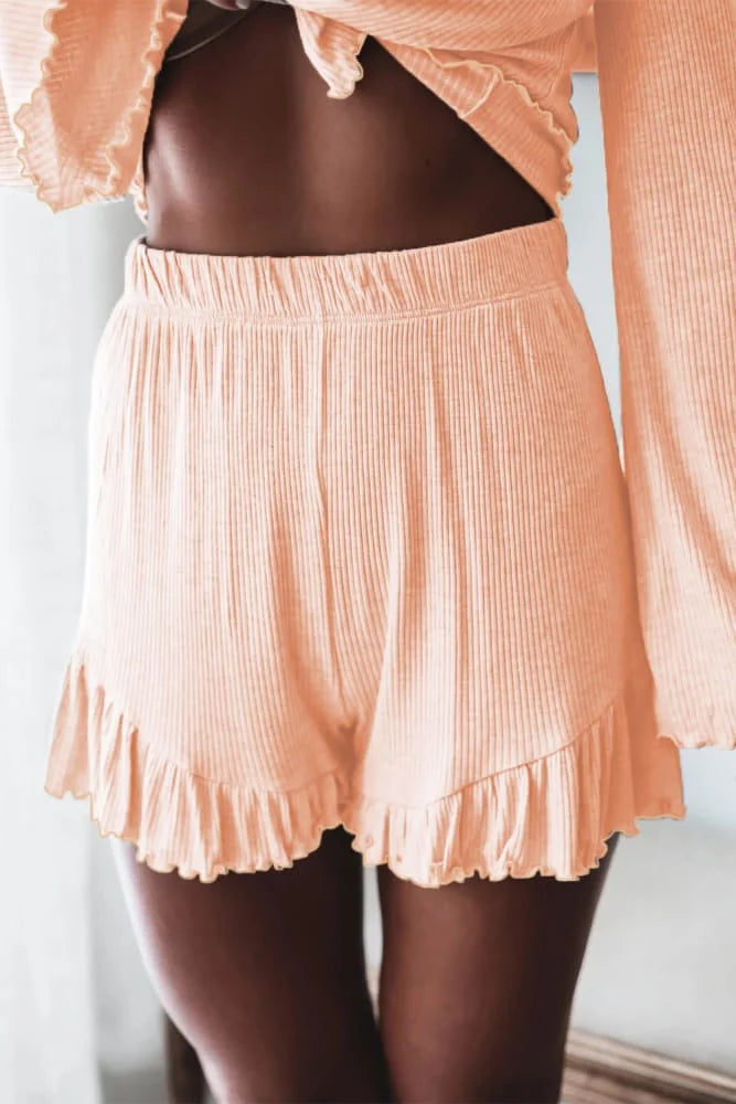 Coral Bell Sleeves Top Ruffle Shorts Set