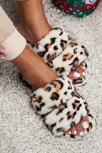 Double Straps Faux Fur Slippers