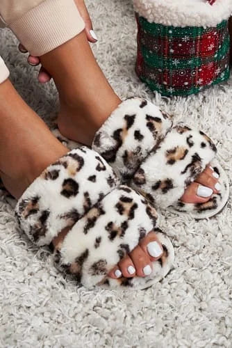 Double Straps Faux Fur Slippers