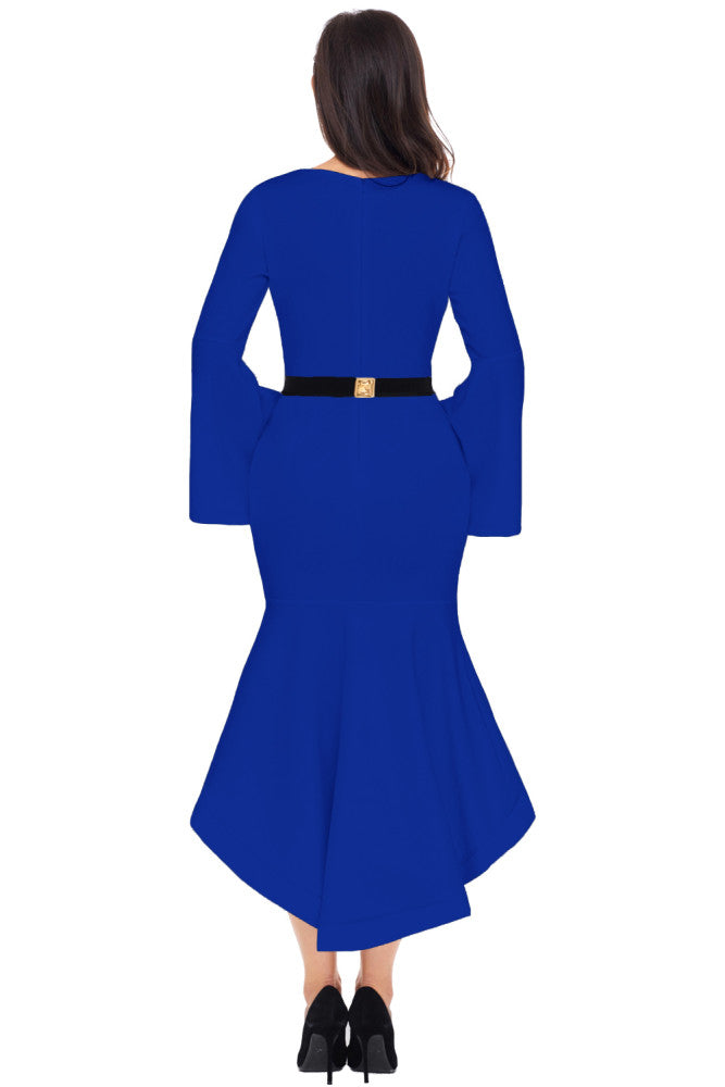 Bell Sleeve Dip Hem Belted Dress