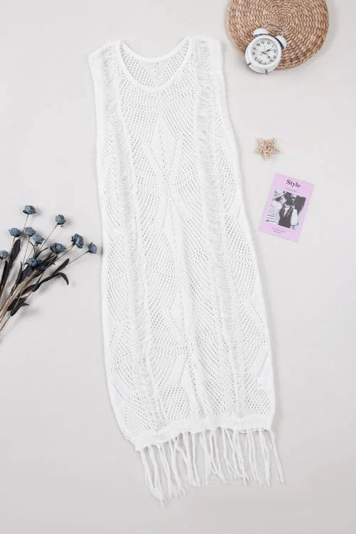 White Crochet Knit Tassel Bikini Cover Up