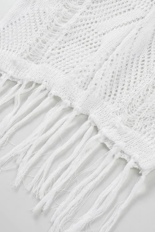 White Crochet Knit Tassel Bikini Cover Up