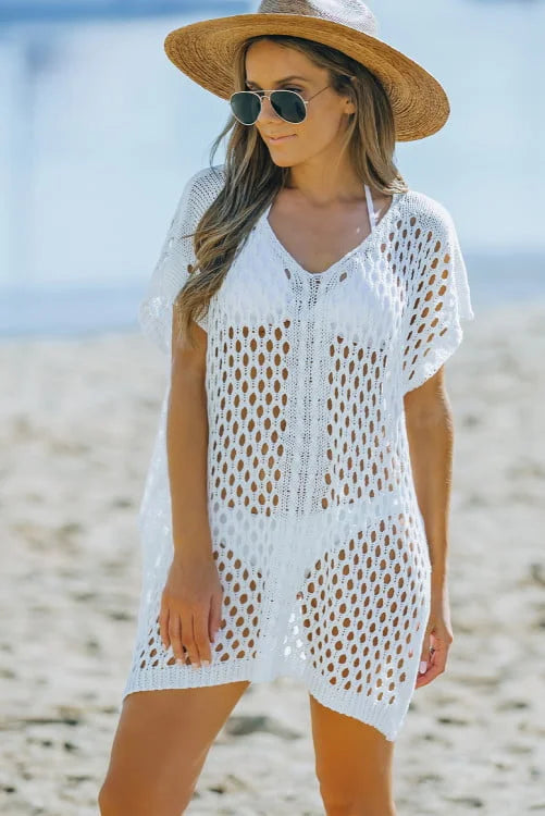 White Crochet Knitted V Neck Loose Beach Cover Up