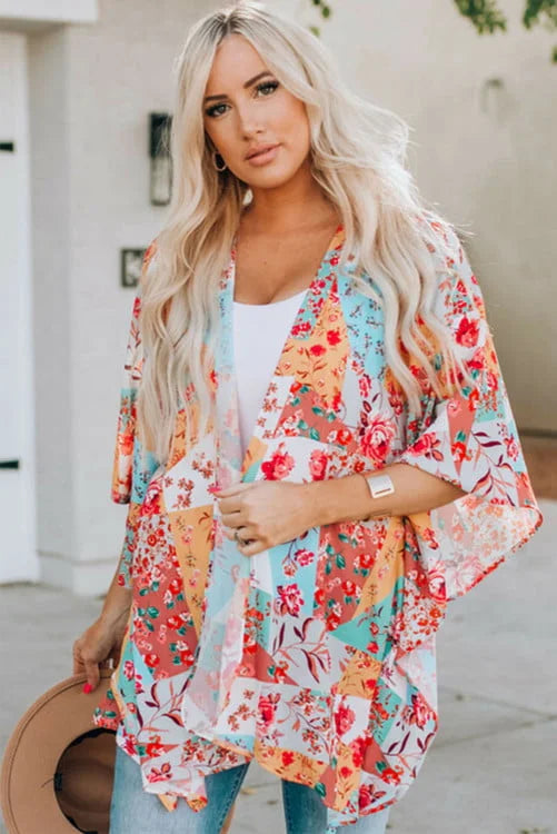 Multicolor Floral Open Front Kimono