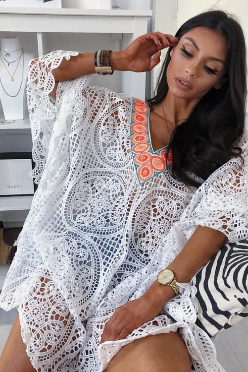 White V Neckline Crochet Beach Cover up