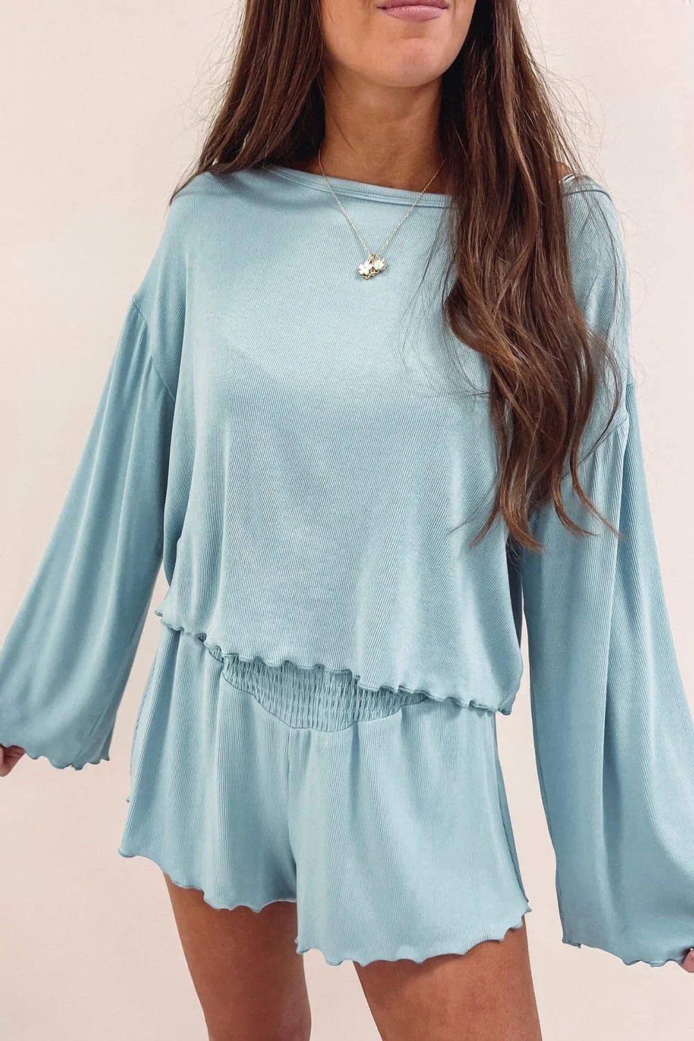 Sky blue Soft Top And High Waist Shorts Set