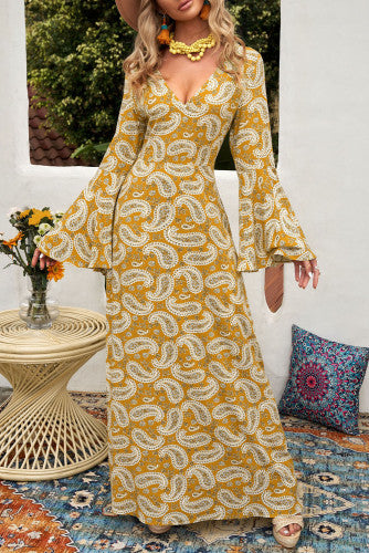 Bohemian Bell Sleeves Paisley Print Maxi Dress