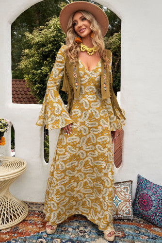 Bohemian Bell Sleeves Paisley Print Maxi Dress