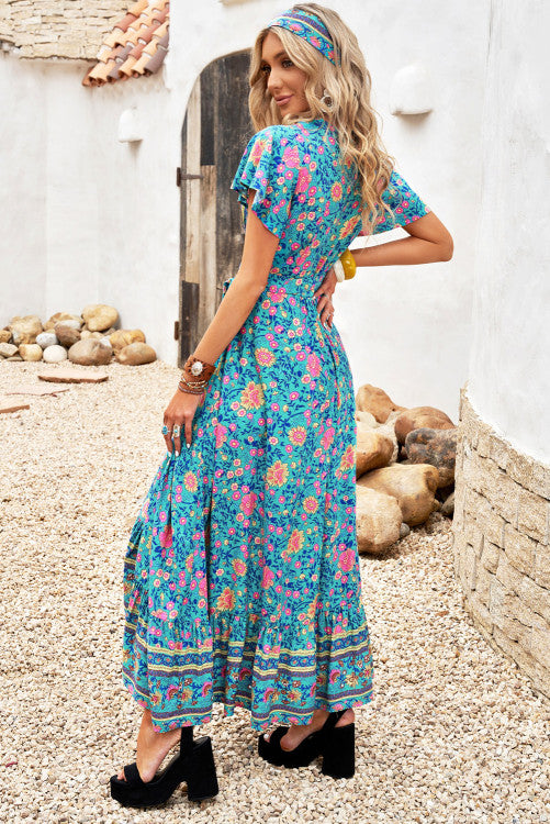 Boho Floral Print Surplice Maxi Dress