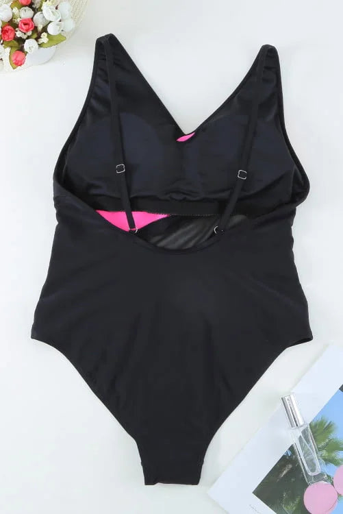 Color Block Mesh Backless One-piece Swimwear