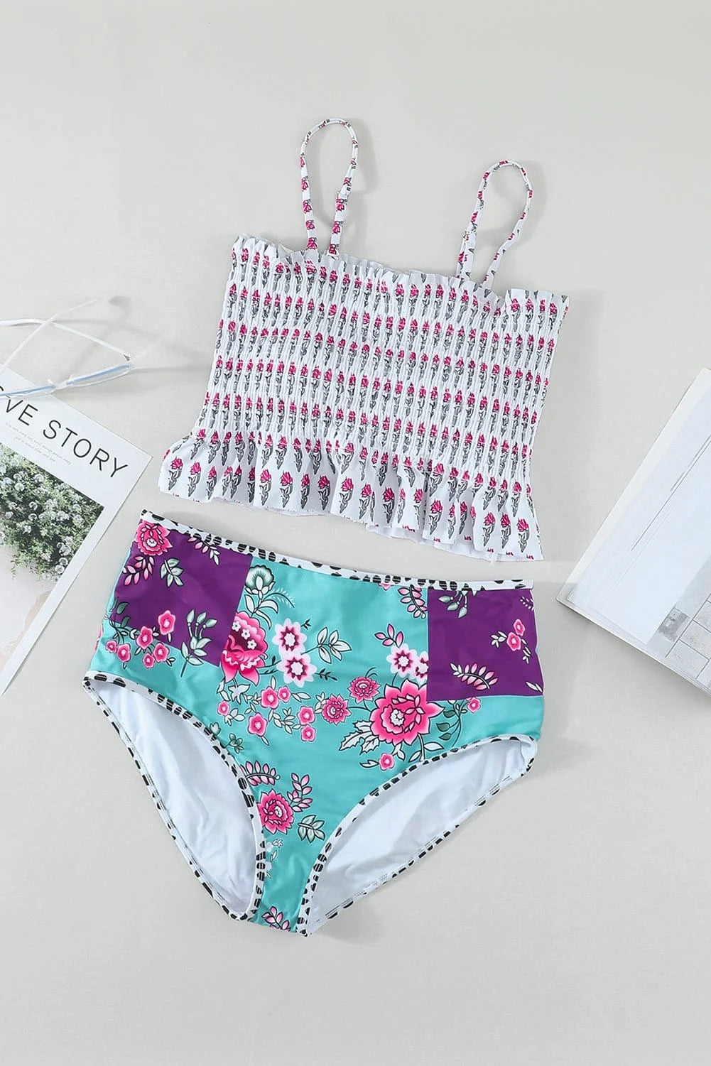 Printed Smocked High Waist Bikini