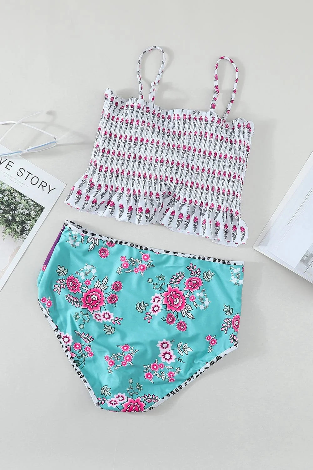Printed Smocked High Waist Bikini