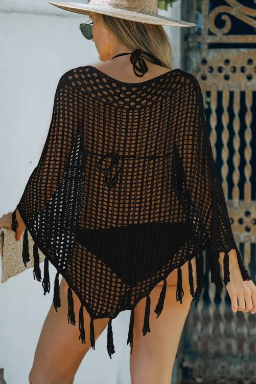 Crochet Fringe Batwing Sleeve Beach Cover Up