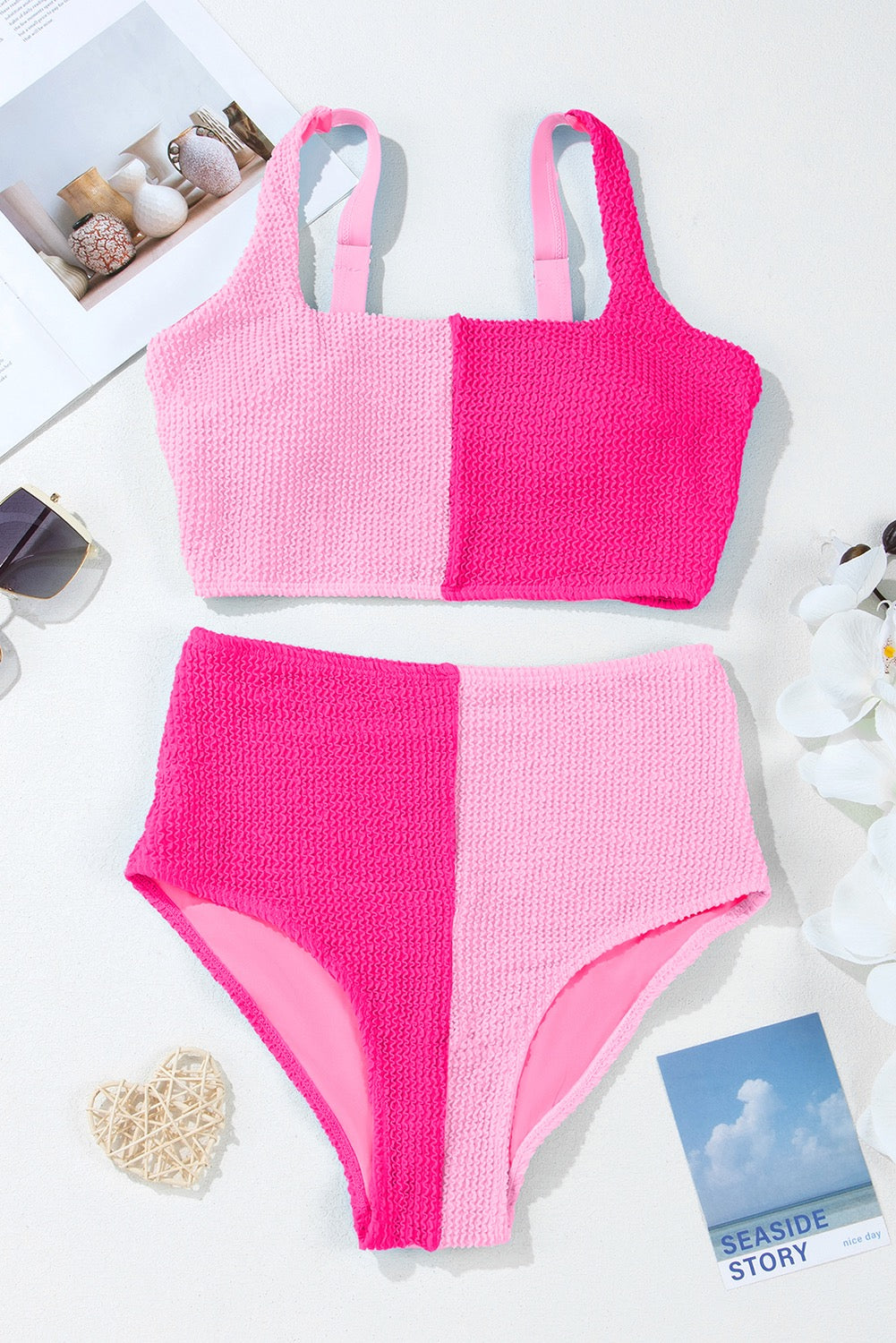 Pink Colour block High Waist Bikini