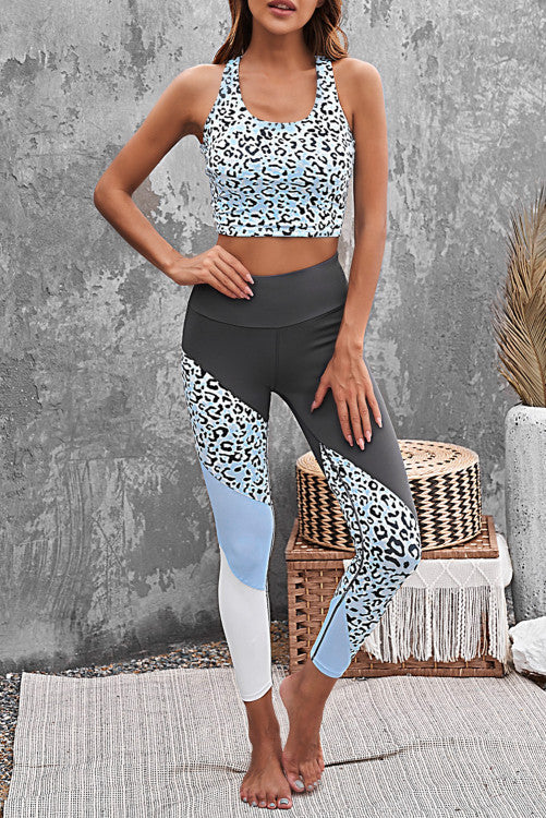 Leopard Color block Splicing Workout Tank and Leggings Set