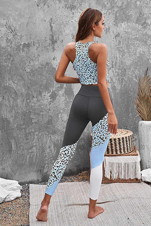 Leopard Color block Splicing Workout Tank and Leggings Set